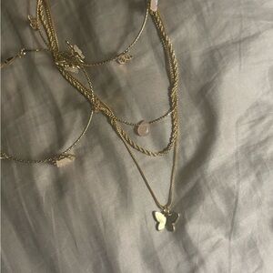 Gold Butterfly Layered Necklace Set with Matching Hoop Earrings